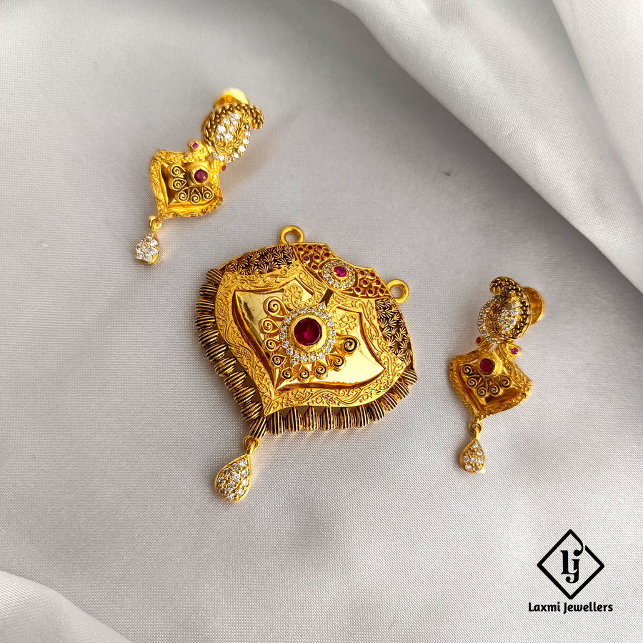 Antique Gold-Plated Pendant Set with Red Stone and Earrings – Traditional Ethnic Jewellery for Women