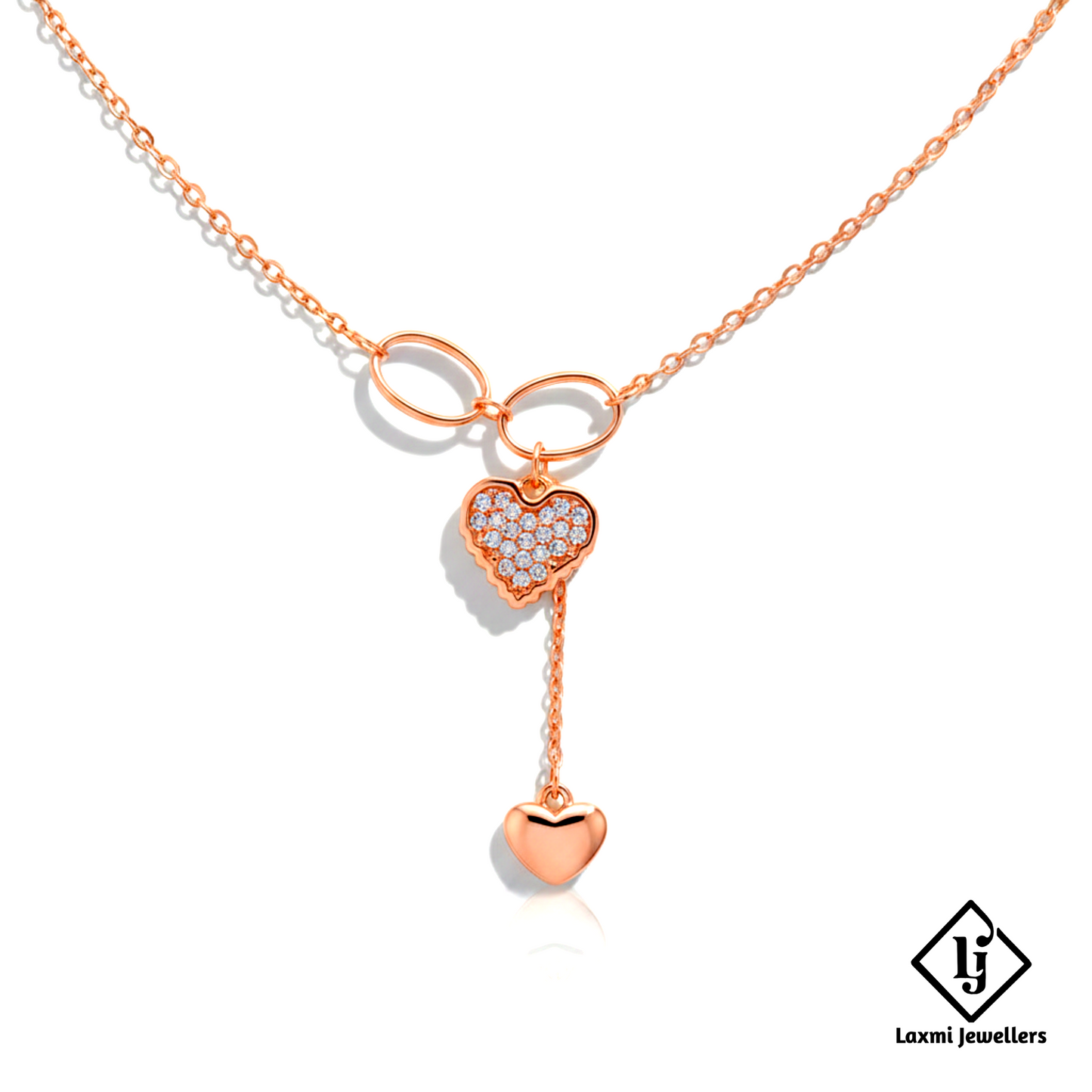 925 Sterling Silver Rose Gold Double Heart Diamond Pendant Necklace for Women | Designer Love Chain