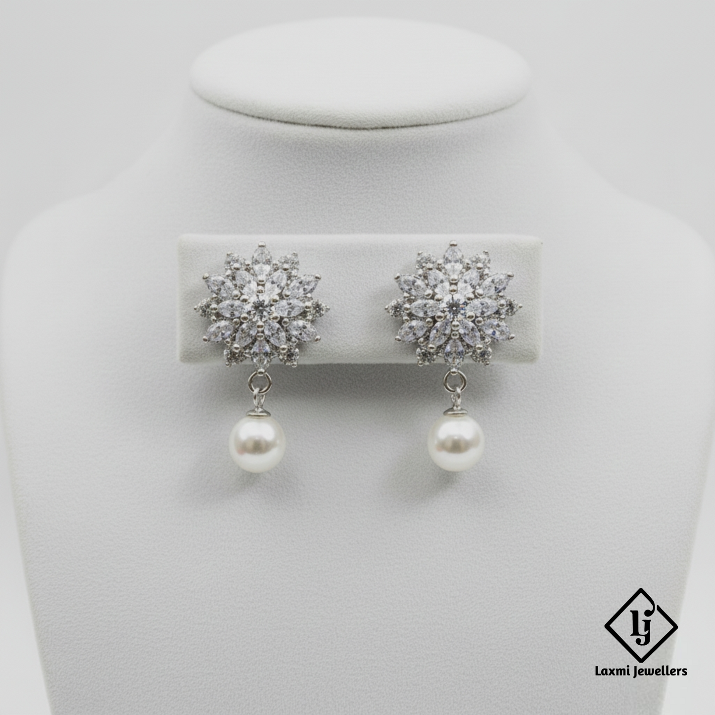 Designer Floral Crystal Pearl Drop Silver Earrings for Women | Party & Wedding Wear