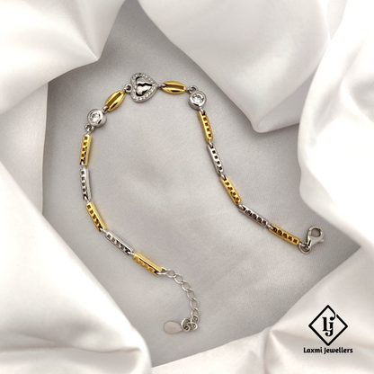 925 Silver Heart Bracelet with Gold Accents & CZ Stones | Stylish Couple Jewelry