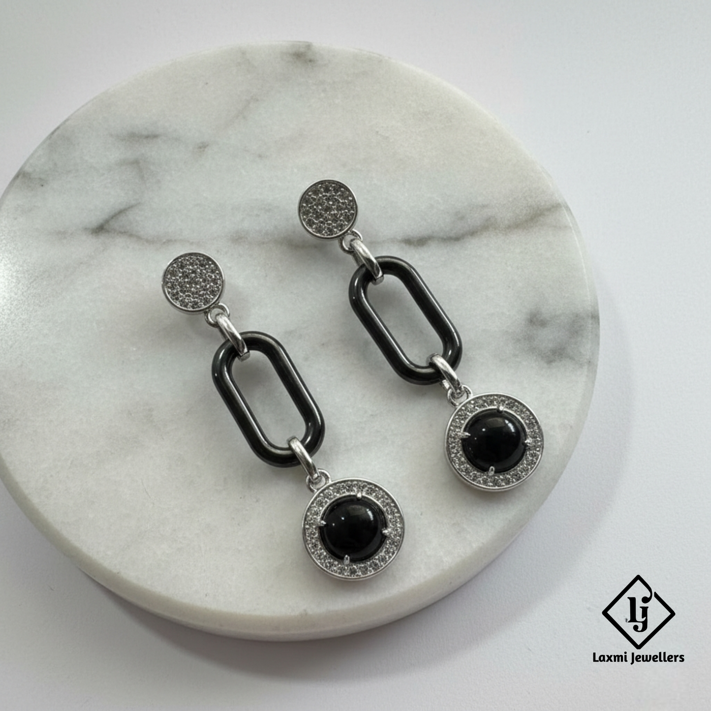 925 Silver Black Stone Designer Drop Earrings for Women | CZ Studded Party Wear Earrings