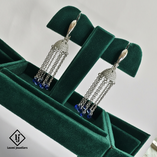 925 Sterling Silver Chain Jhumka Earrings with Blue Beads | Designer Party Wear Earrings for Women
