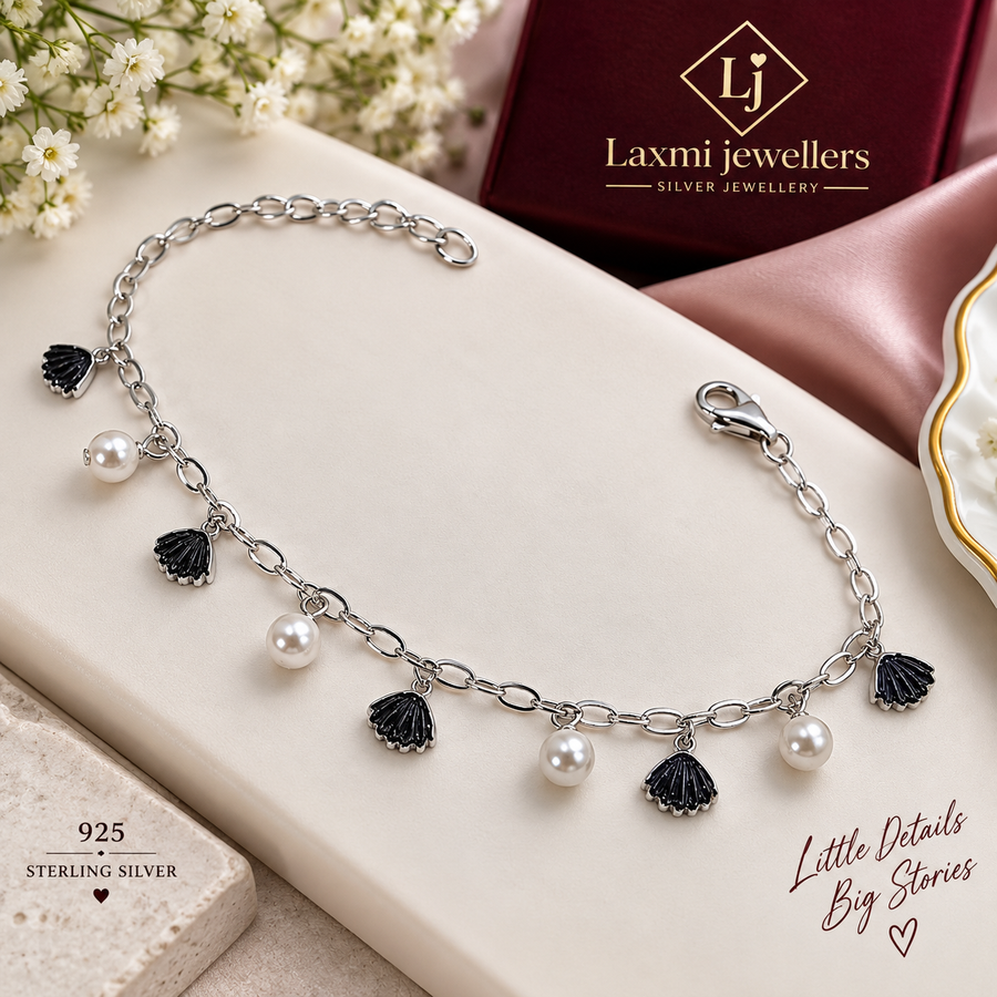925 Sterling Silver Pearl Bracelet for Women | Black Charm & Pearl Bracelet – Laxmi Jewellers