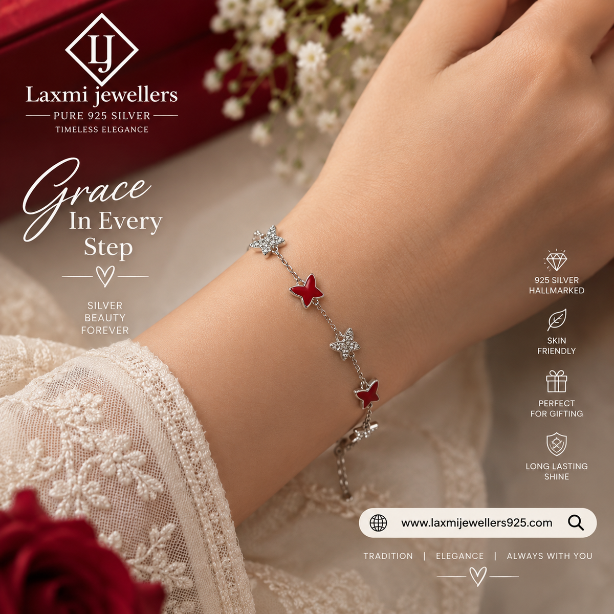 925 Sterling Silver Red & White Star Bracelet for Women | Star Charm Bracelet – Laxmi Jewellers