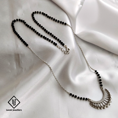 Elegant 925 Sterling Silver Mangalsutra with Black Beads and Modern Pendant Design