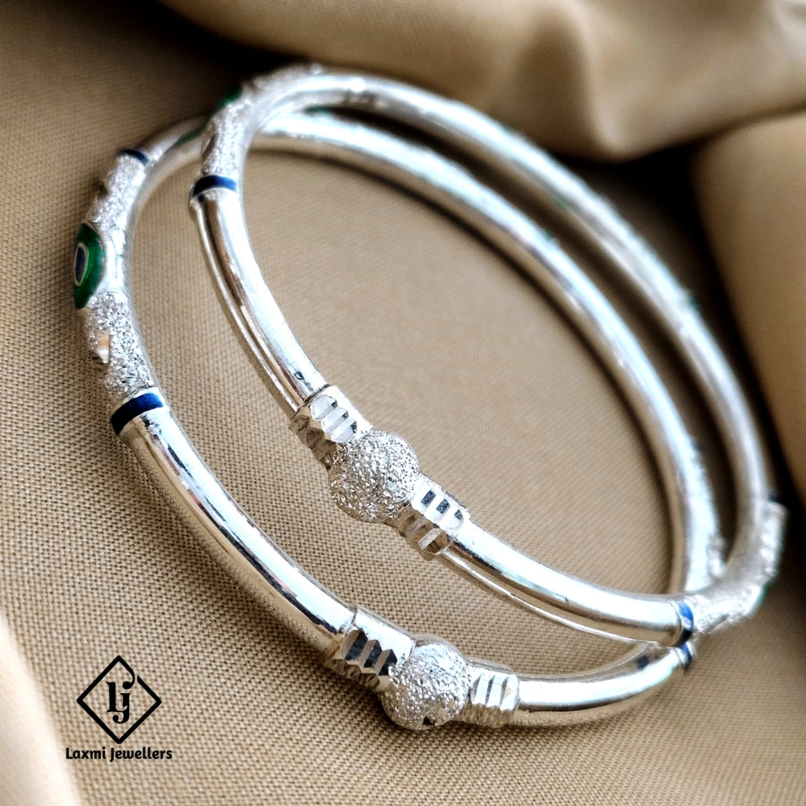 925 Sterling Silver Peacock Design Kada Bangles – Traditional Green and Blue Enamel Work