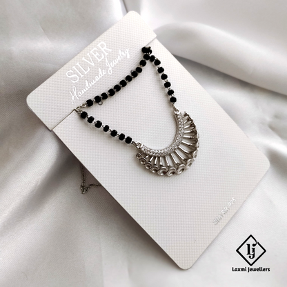 Elegant 925 Sterling Silver Mangalsutra with Black Beads and Modern Pendant Design