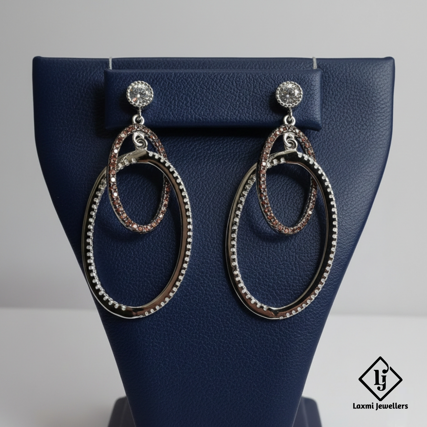 925 Silver Dual Oval Hoop Dangler Earrings for Women | Designer CZ Party Wear Earrings
