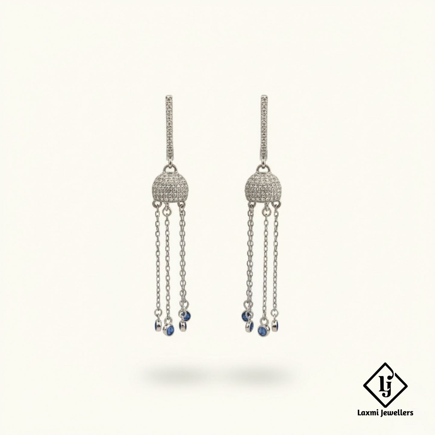 925 Sterling Silver Bali Style Chain Drop Earrings with Blue Stones | Designer Silver Earrings for Women