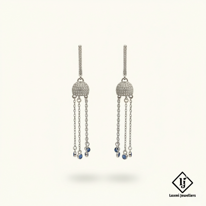 925 Sterling Silver Bali Style Chain Drop Earrings with Blue Stones | Designer Silver Earrings for Women