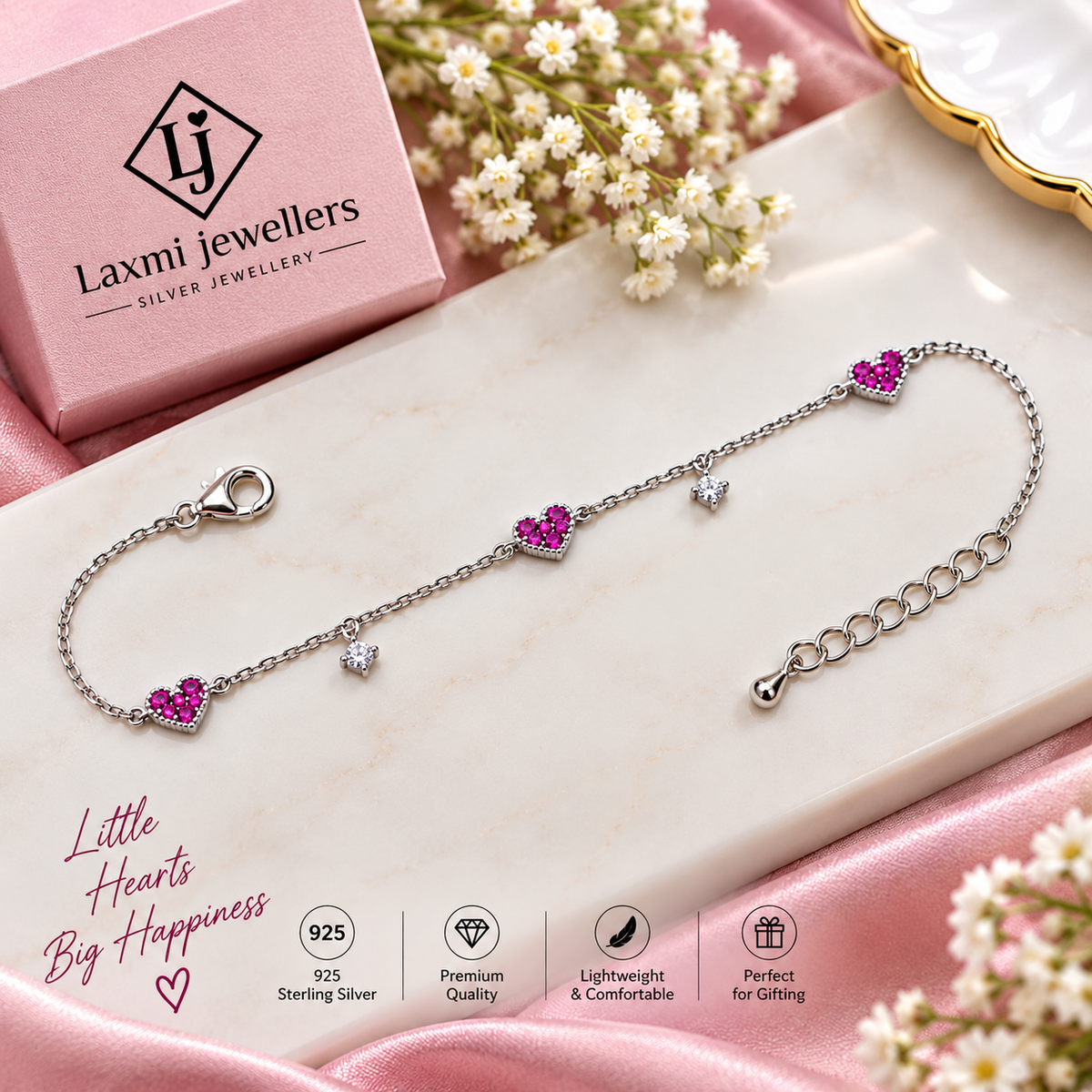 925 Sterling Silver Heart Bracelet for Women | Stylish Ladies Heart Charm Bracelet