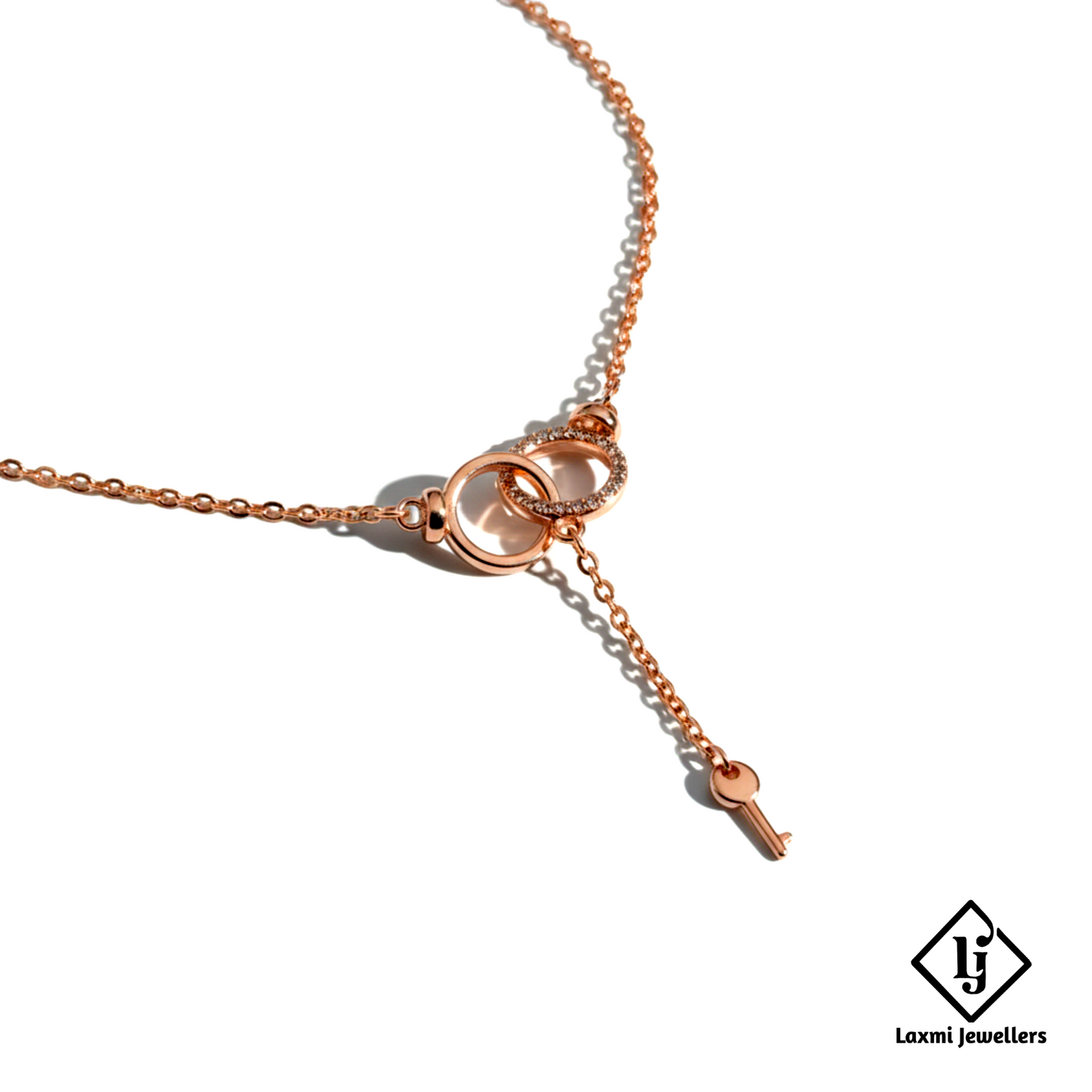 925 Sterling Silver Rose Gold Double Ring Key Pendant Necklace for Women | Designer Love Lock Chain