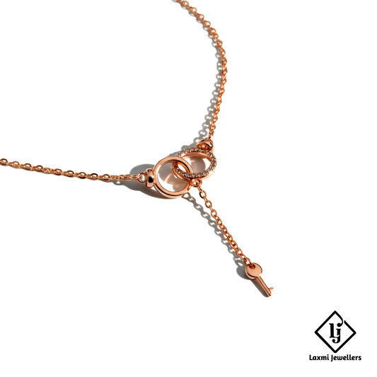 925 Sterling Silver Rose Gold Double Ring Key Pendant Necklace for Women | Designer Love Lock Chain