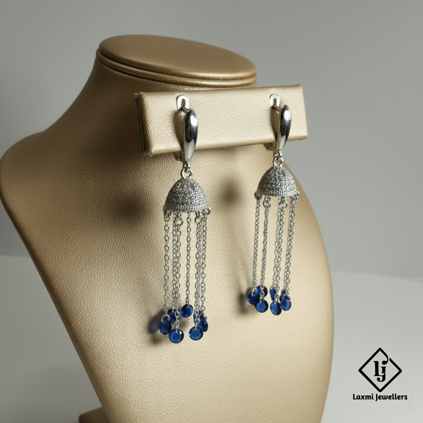 925 Sterling Silver Chain Jhumka Earrings with Blue Beads | Designer Party Wear Earrings for Women