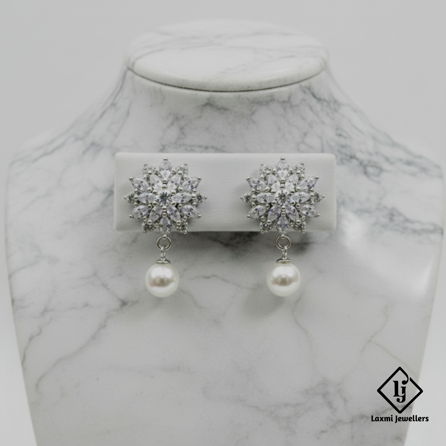 Designer Floral Crystal Pearl Drop Silver Earrings for Women | Party & Wedding Wear