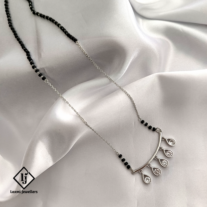 Elegant Silver Plated Mangalsutra Necklace with Crystal Drops – Modern Black Bead Design