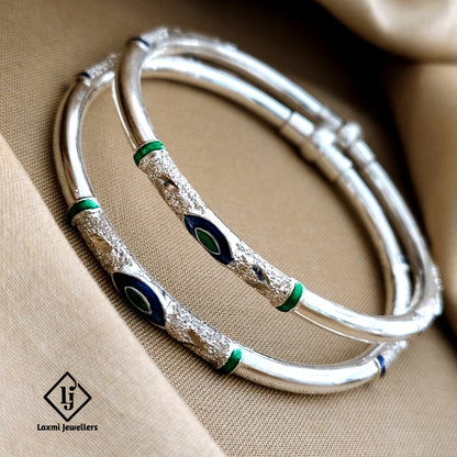 925 Sterling Silver Peacock Design Kada Bangles – Traditional Green and Blue Enamel Work