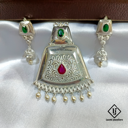 Handcrafted Silver Pendant with Red & Green Stone Inlay and Pearl Dangling Beads – Ethnic Designer Jewelry