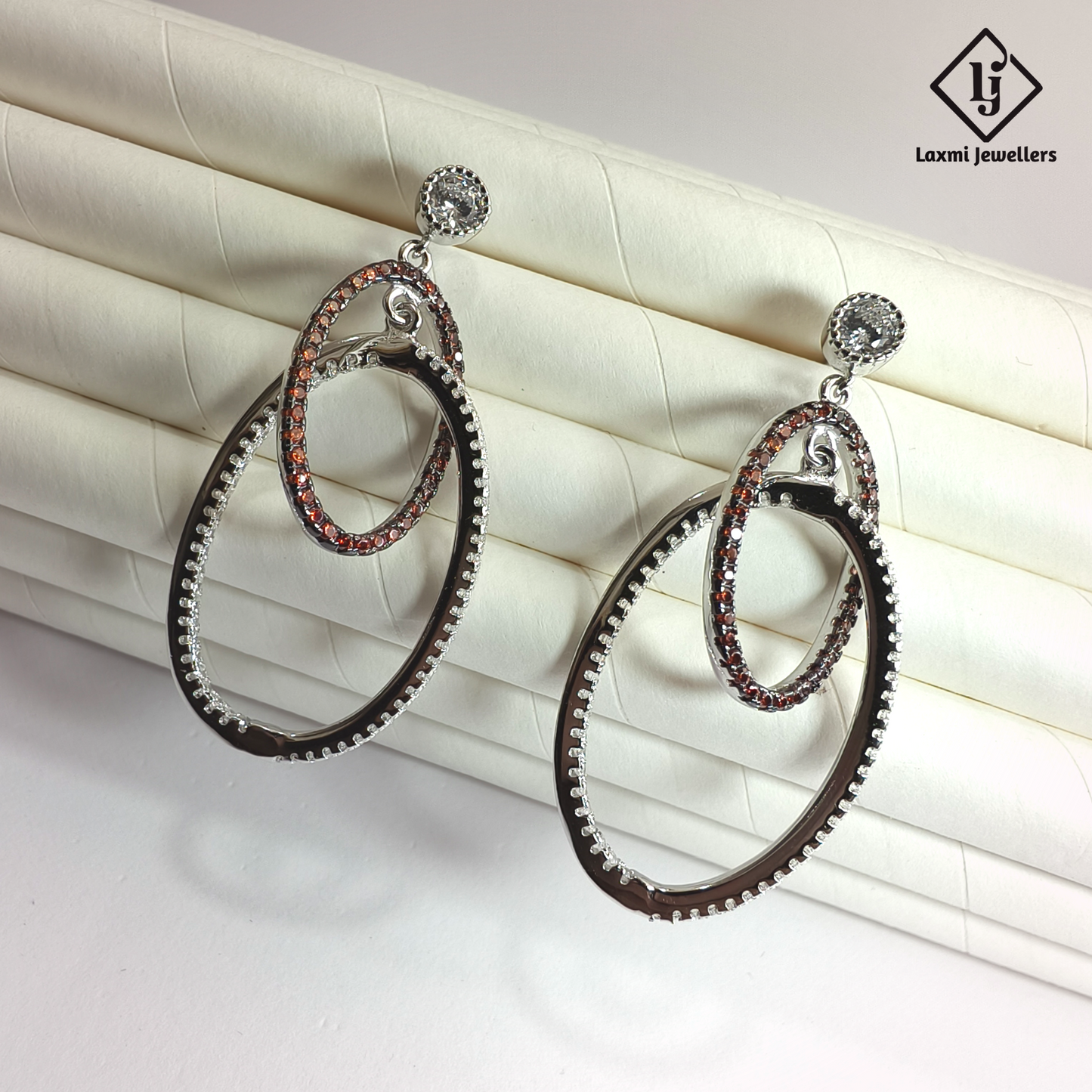925 Silver Dual Oval Hoop Dangler Earrings for Women | Designer CZ Party Wear Earrings