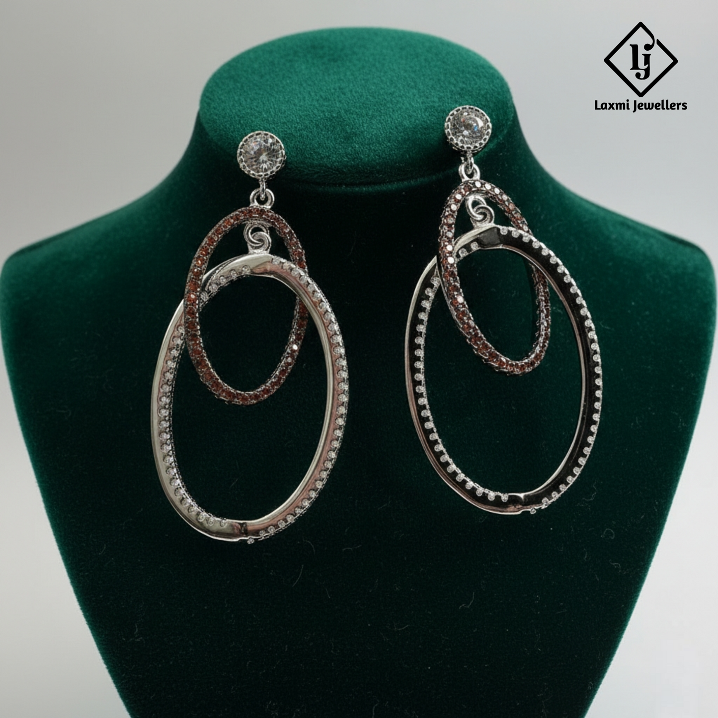 925 Silver Dual Oval Hoop Dangler Earrings for Women | Designer CZ Party Wear Earrings