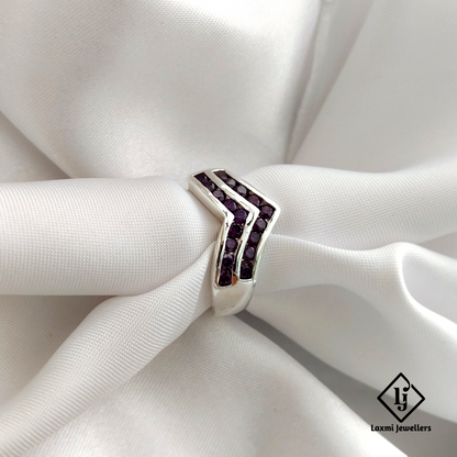 925 Silver V-Shaped Purple CZ Ring for Women – Stylish Party Wear Band