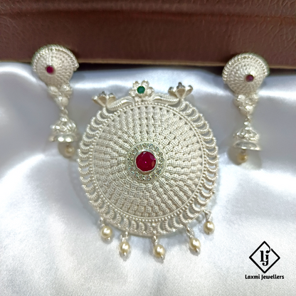 925 Silver Round Pendant Set with Ruby Center & Pearl Drops – Ethnic Designer Jewellery