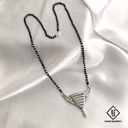 925 Sterling Silver Mangalsutra Necklace with Sparkling Crystal Pendant – Traditional Black Beads Design