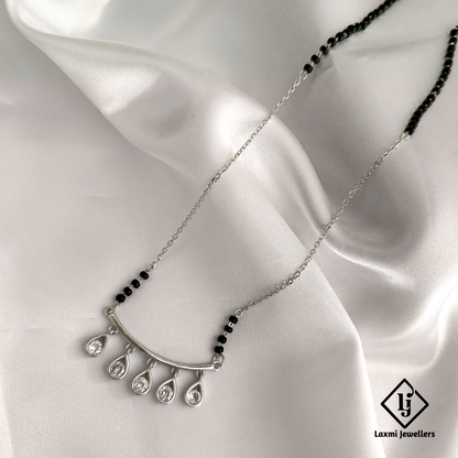 Elegant Silver Plated Mangalsutra Necklace with Crystal Drops – Modern Black Bead Design
