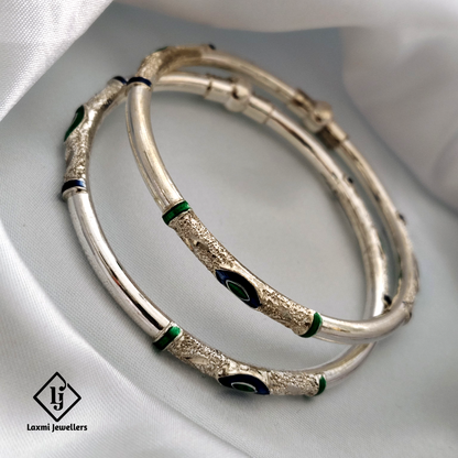 925 Sterling Silver Peacock Design Kada Bangles – Traditional Green and Blue Enamel Work