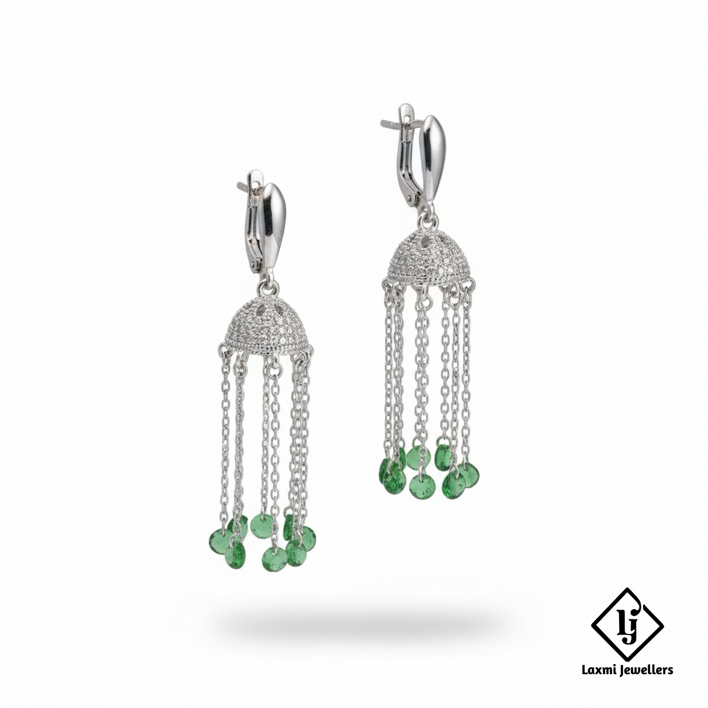 925 Sterling Silver Green Beads Jhumka Drop Earrings for Women | Designer Chain Tassel Earrings