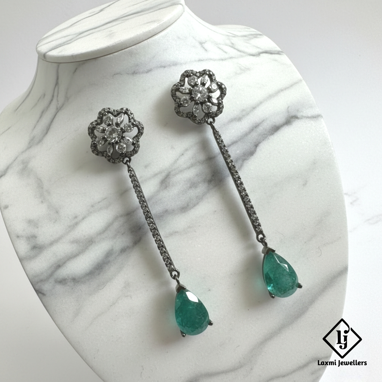 Designer Green Teardrop Long Drop Earrings with CZ Stones | Party & Bridal Wear Earrings for Women