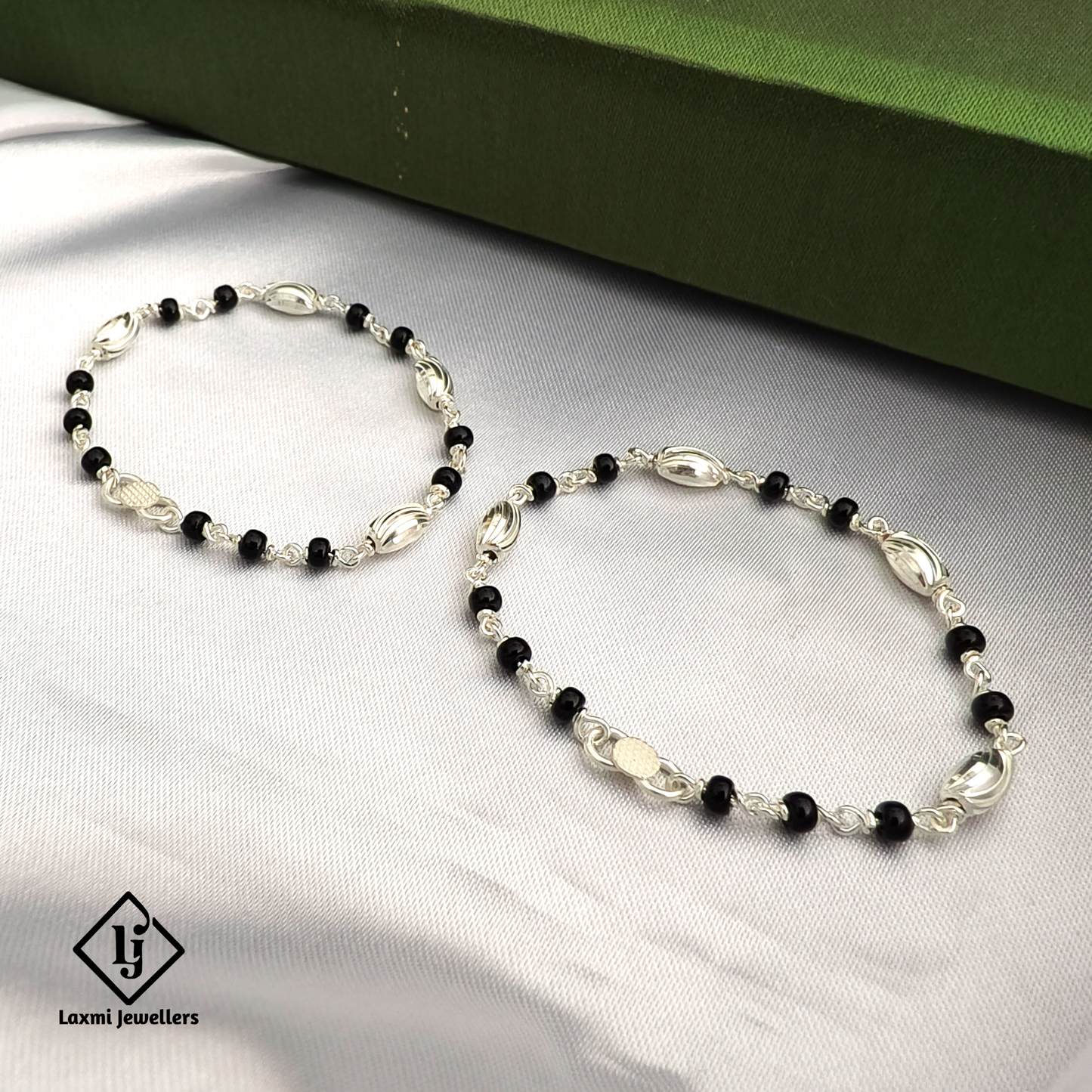 925 Sterling Silver Baby Nazariya OR Anklet Pair | Black Beads Nazar Protection for Kids