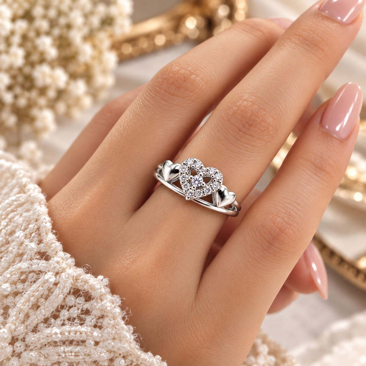 Elegant Heart Design Ladies Ring with Sparkling Stones | Silver Ring for Women – Laxmi Jewellers