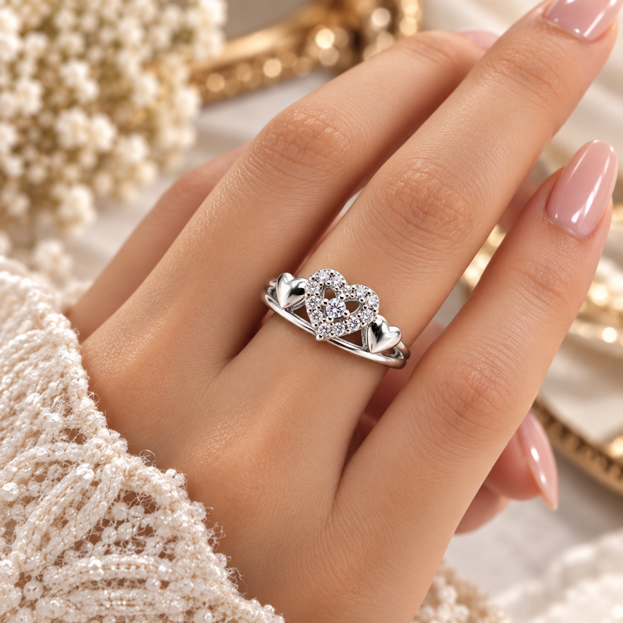Elegant Heart Design Ladies Ring with Sparkling Stones | Silver Ring for Women – Laxmi Jewellers