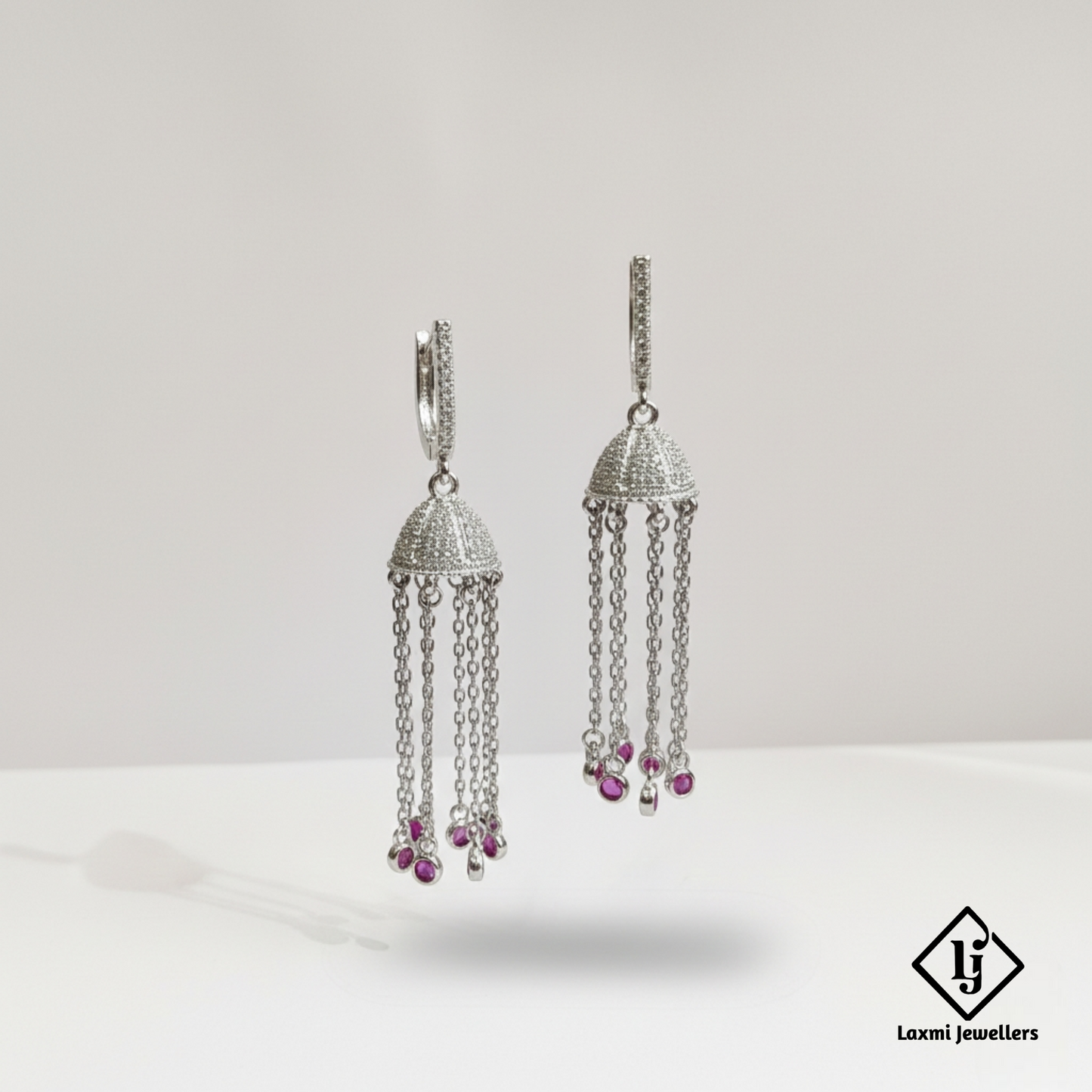 925 Sterling Silver Bali Style Tassel Earrings with Pink Stone | Designer Silver Earrings