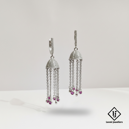 925 Sterling Silver Bali Style Tassel Earrings with Pink Stone | Designer Silver Earrings