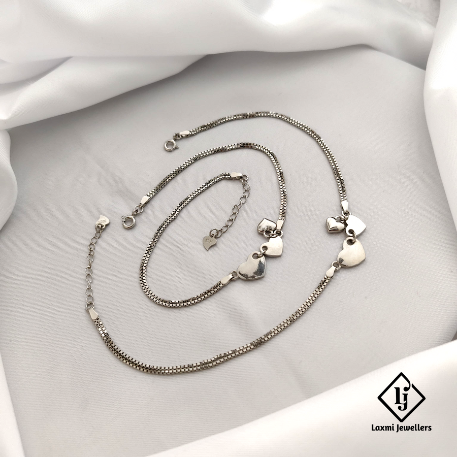 925 Silver Heart Charm Anklet Set for Women & Girls – Trendy Daily Wear Payal