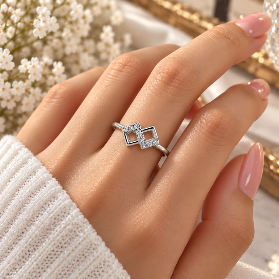 925 Sterling Silver Geometric CZ Ladies Ring for Women | Elegant Square Design Ring – Laxmi Jewellers 925
