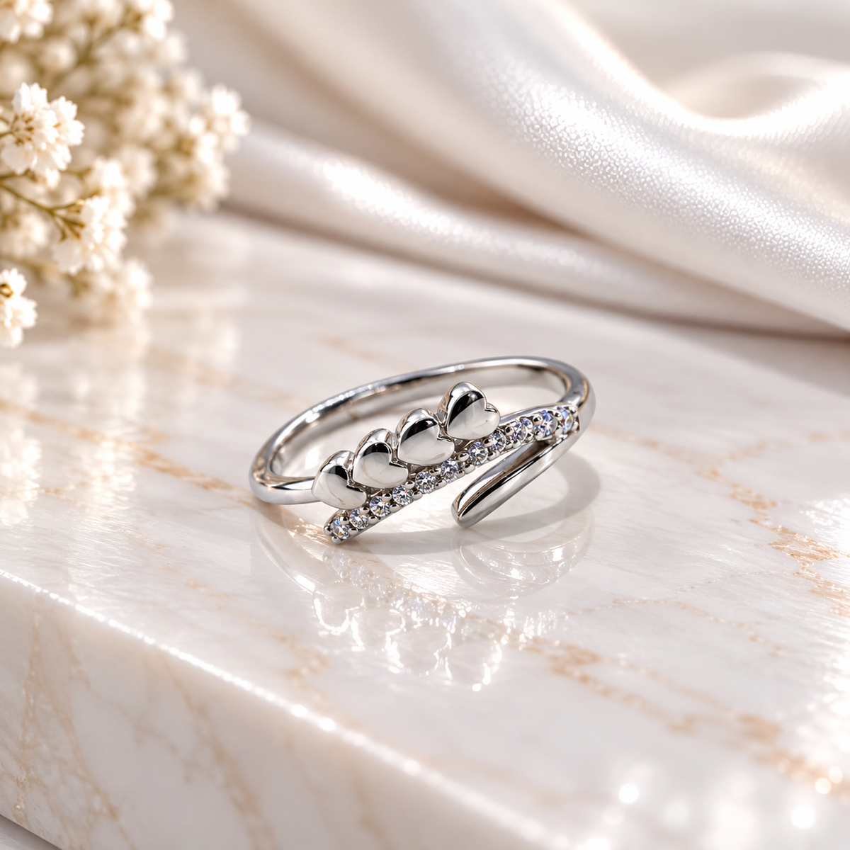 Triple Heart Design Ladies Silver Ring with Sparkling Stones | Laxmi Jewellers