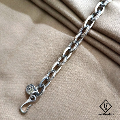 925 Sterling Silver Engraved Link Chain Bracelet with Hook Clasp – Unisex Handmade Design