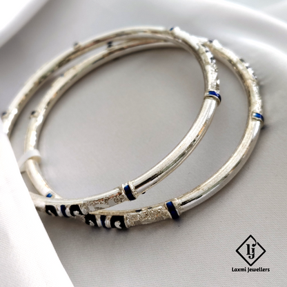 925 Sterling Silver Bangles for Women with Black & Blue Enamel Design – Traditional Handmade Kada