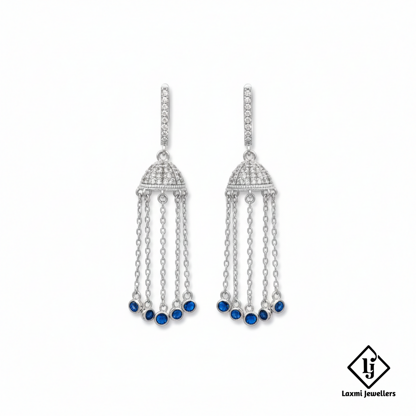 925 Sterling Silver Bali Style Jhumka Earrings with Blue Stones | Chain Drop Designer Earrings