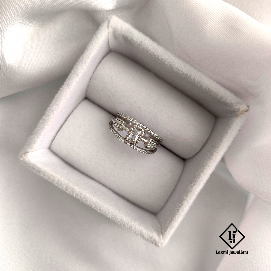 925 Silver American Diamond Baguette Ring for Women – Modern Geometric Design