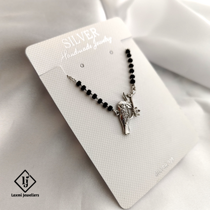 925 Silver Black Beaded Mangalsutra with Bird Pendant – Elegant and Stylish Necklace for Women