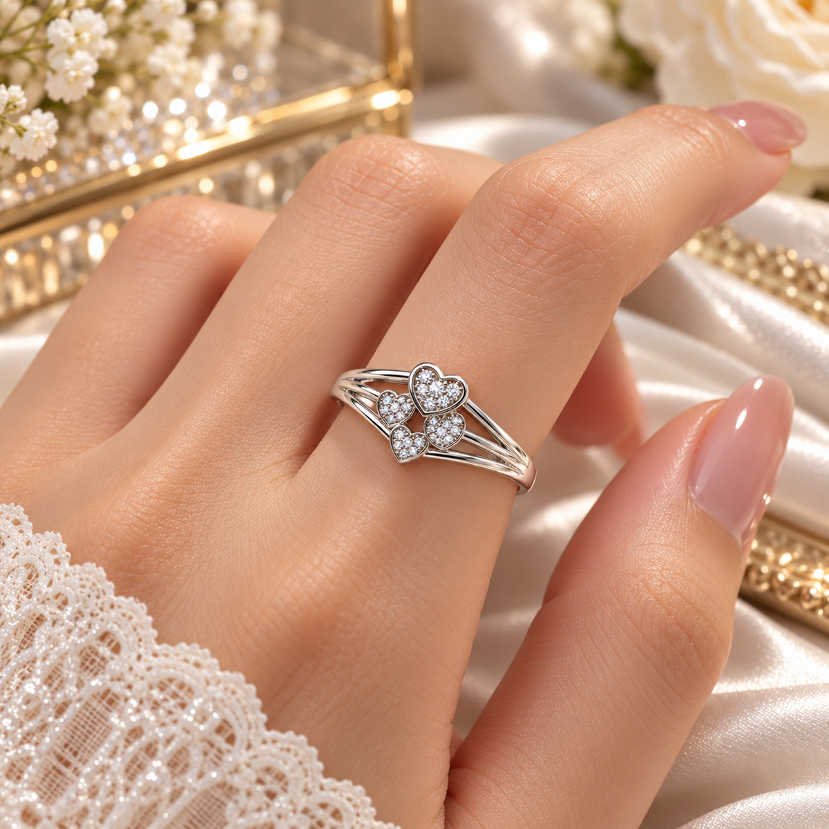 925 Sterling Silver Heart Ring for Women | Elegant Multi-Heart Stone Studded Ring – Laxmi Jewellers