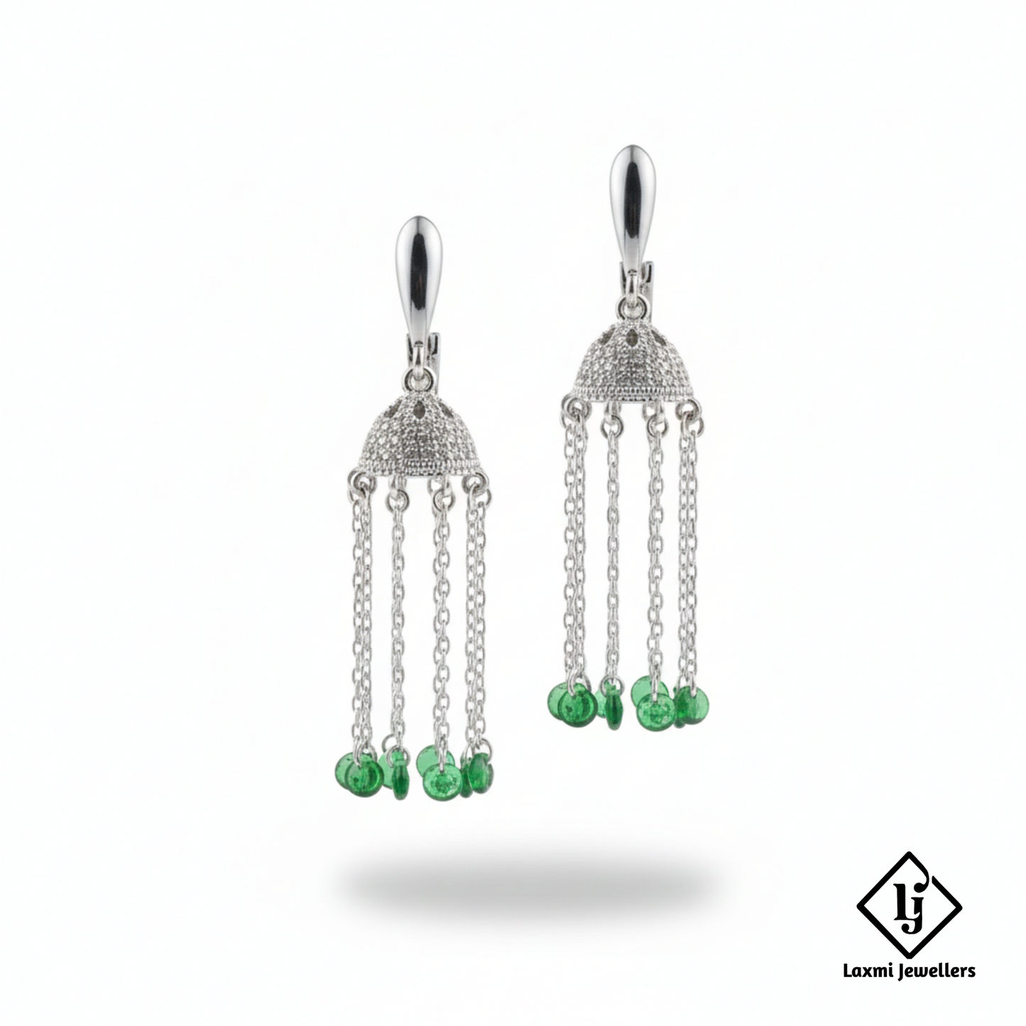 925 Sterling Silver Green Beads Jhumka Drop Earrings for Women | Designer Chain Tassel Earrings