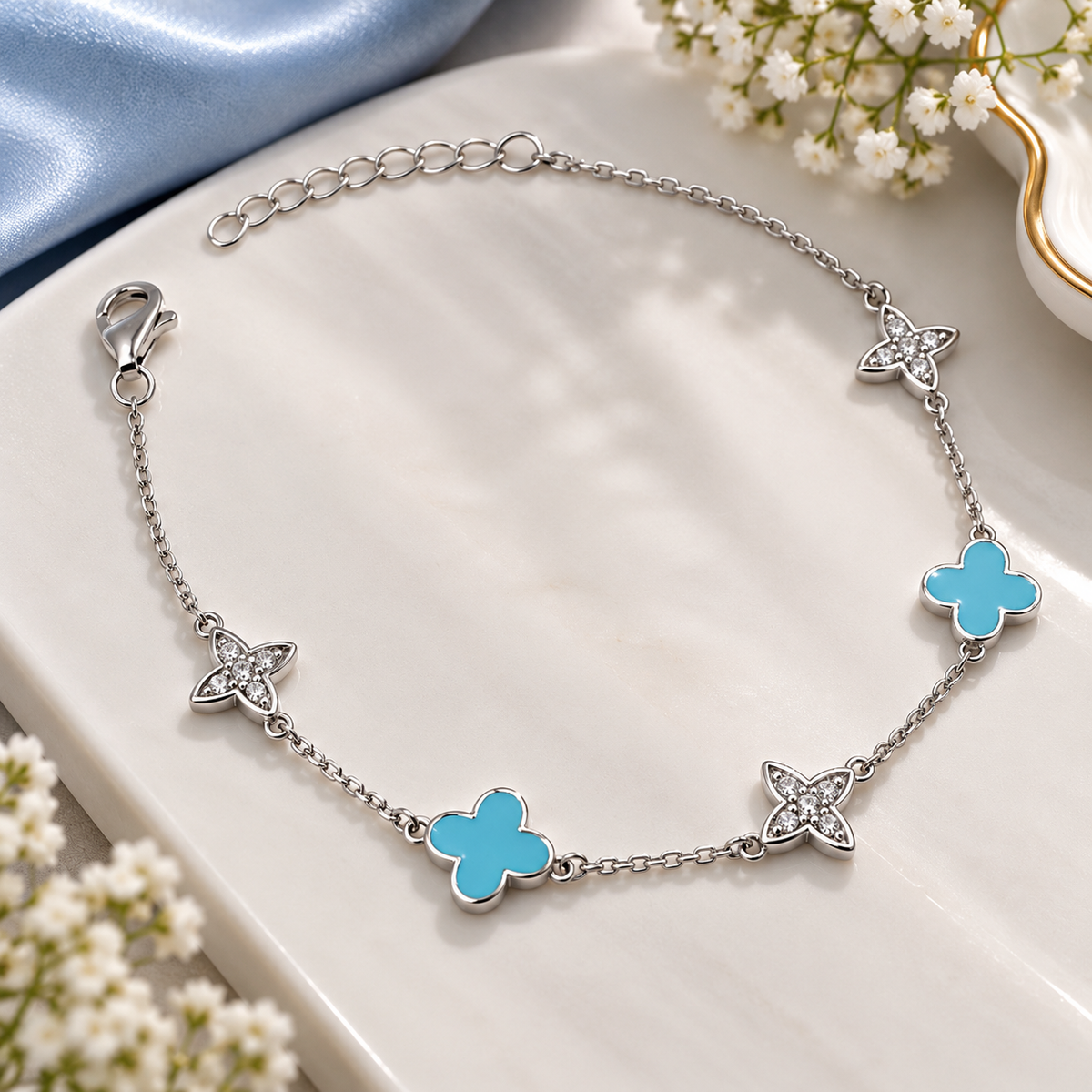925 Sterling Silver Blue Flower Bracelet for Women | Elegant Floral Charm Bracelet – Laxmi Jewellers