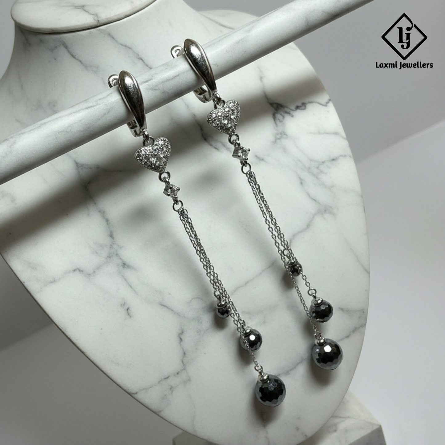 925 Silver Heart Chain Drop Earrings for Women | Designer Long Danglers with CZ Stones