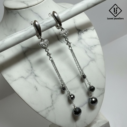 925 Silver Heart Chain Drop Earrings for Women | Designer Long Danglers with CZ Stones