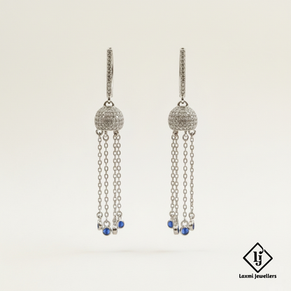 925 Sterling Silver Bali Style Chain Drop Earrings with Blue Stones | Designer Silver Earrings for Women